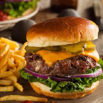 Huge grass fed bison hamburger with chips & beer